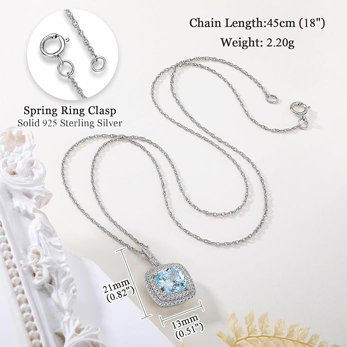 Birthstone Necklace for Women 925 Sterling Silver Cushion/Pear Cut Created Gemstone Halo Pendant Necklace Birthstone Jewelry