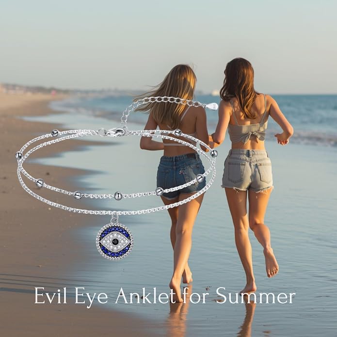 Blue Evil Eye Anklet Greek Evil Eye Anklet Bracelet Adjustable Ojo Turco Kabbalah Amulet Nazar Layered Silver Ankle Bracelets Protection Jewelry Amulet Gift for Wife Mother Sister Birthday