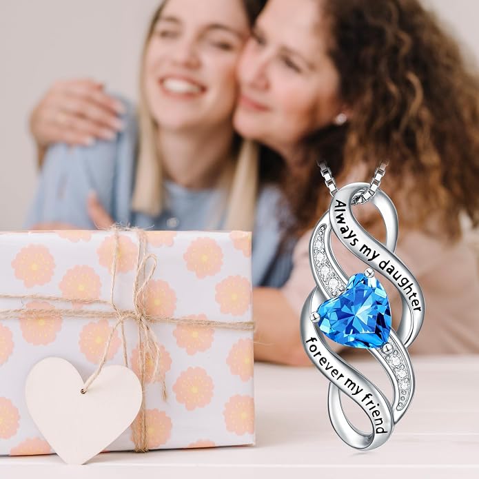 Daughter Necklace 925 Sterling Silver Always My Daughter Forever My Friend Infinity Necklace to Daughter Birthday Gift from Mom with 12 Birthstones