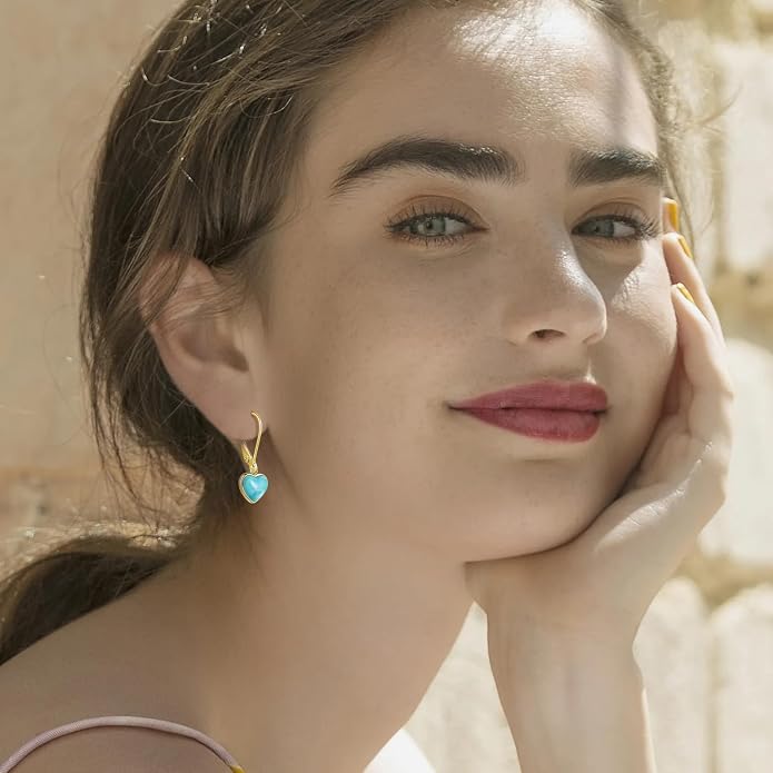 Heart Natural Turquoise Earrings for Women - Top AAA Grade, Hypoallergenic 925 Sterling Silver Leverback Dangle Earrings, Trendy Jewelry Gifts