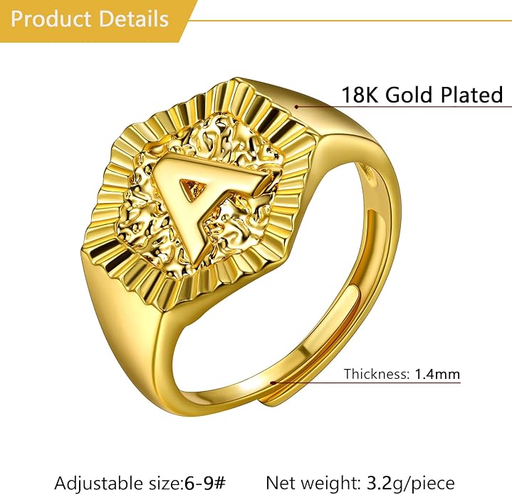 U7 Initial Ring Wedding Band for Men Women 18K Gold Plated Statement Hexagon A-Z Letter Jewelry Personalized Stackable Signet Rings