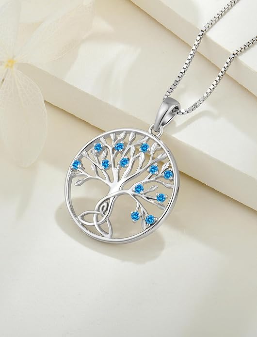 Celtic Knot Tree Necklace 925 Sterling Silver Tree of Life Pendant Birthstone Jewelry for Women