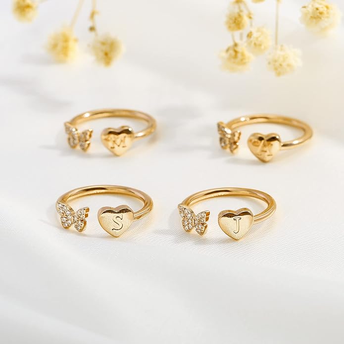Initial Ring for Women Teens, Gold Plated Butterfly Heart Letter K Open Adjustable Ring, Dainty Alphabet Ring Jewelry Gift for Birthday