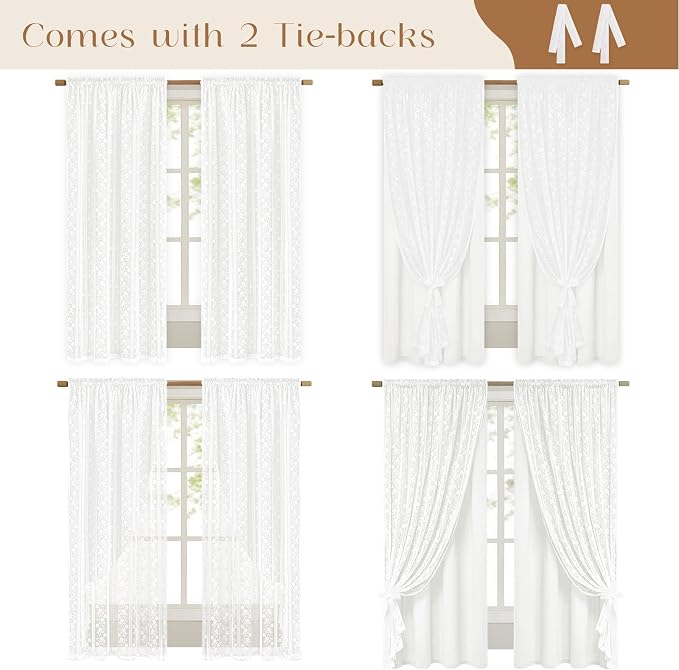 ASPMIZ Linen Curtains for Living Room Double Layer Curtains with Linen Lace, White Curtain for Bedroom Light Filtering, Rod Pocket Drapes 63 Inch Length 2 Panels Set with 2 Tiebacks, 52x63