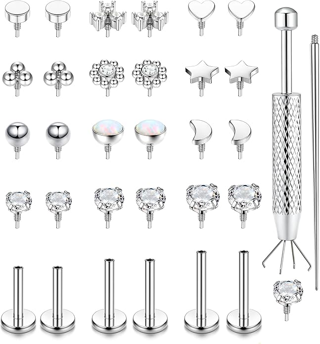 LOLIAS 16G 18G Flat Back Stud Earrings for Women - Hypoallergenic Surgical Steel Internal Thread Stud Piercing Jewelry for Tragus Helix Cartilage Conch Nose 6MM 8MM 10MM Lip Labret Medusa Piercing