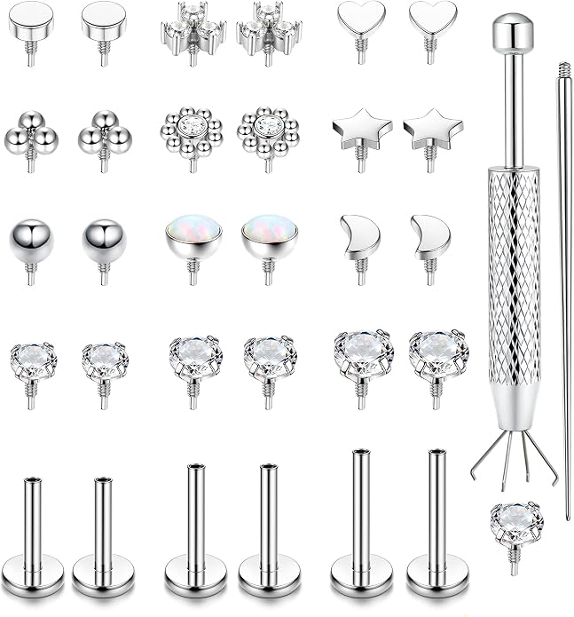 LOLIAS 16G 18G Flat Back Stud Earrings for Women - Hypoallergenic Surgical Steel Internal Thread Stud Piercing Jewelry for Tragus Helix Cartilage Conch Nose 6MM 8MM 10MM Lip Labret Medusa Piercing