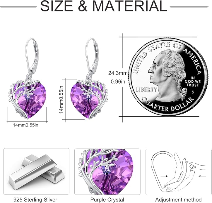 Tree of Life Earrings for Women 925 Sterling Silver Tree of Life Drop Earrings with Heart Crystal Tree of Life Jewelry Birthday Anniversary Party Gifts for Women Girls