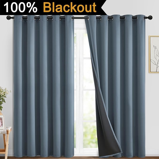Yakamok Stone Blue 100% Blackout Curtains 84 Inches Long 70" Wide 2 Panel | Blackout Curtain Panels for Bedroom, 2 Thick Layers Grommet Top Thermal Insulated Drapes with Black Liner for Living Room
