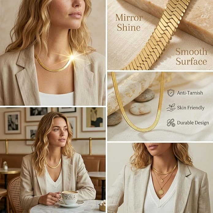 Gold Herringbone Necklace For Women - Rope Chork,Flat Snake Chain Necklaces in 18K Gold & White Gold Plated Tone - Simple Daily Jewelry-Tarnish Free-16-18in