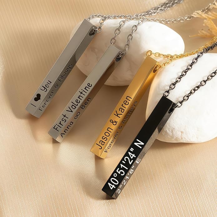 Ship Next Day, Personalized 3D Bar Name Necklace for Women, Custom Engraved Nameplate Necklaces for Men, Valentine Anniversary Dainty Jewelry Gifts for Girlfriend Boyfriend BFF