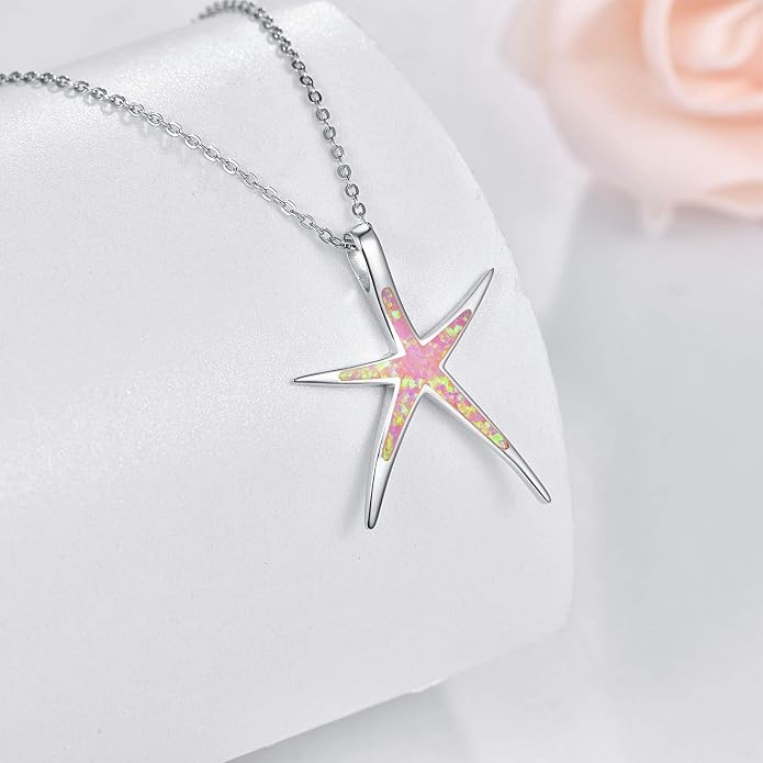 Cuoka Starfish Necklace, 925 Sterling Silver with Opal, Hawaiian Beach Nautical Ocean Pendant, Starfish Jewelry Opal Jewelry Valentine for Women Girlfriend