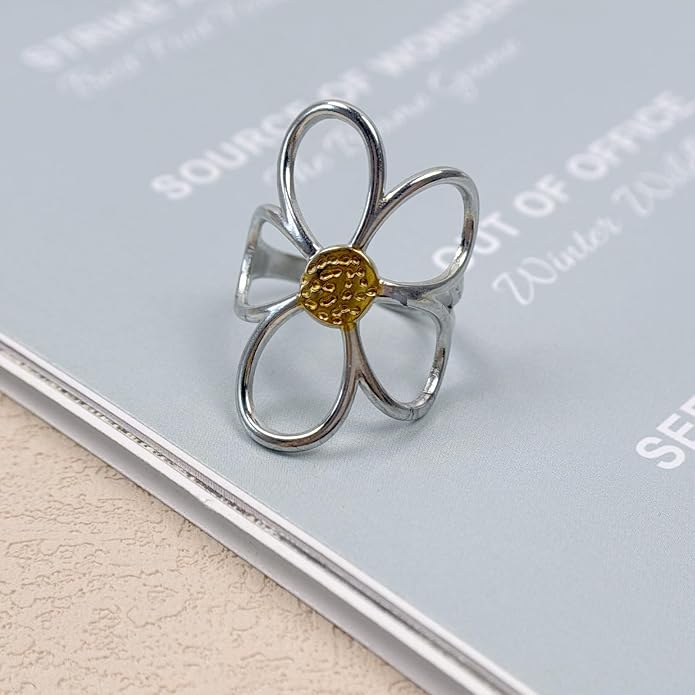 Gold Chunky Rings for Women Asymmetrical Wavy Curve Thumb Ring Irregular Thick Open Statement Rings Adjustable Stainless Steel Flower Finger Rings Non Tarnish