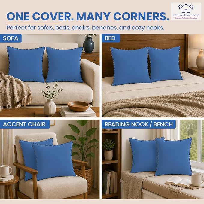 LFH Home Sky Blue Cotton Rich Throw Pillow Covers 18x18 Set of 4, Decorative Cushion Covers with Blanket Stitch Edge, Farmhouse Accent Pillow Cases for Sofa Couch Bed Living Room, 18 x 18 Inch