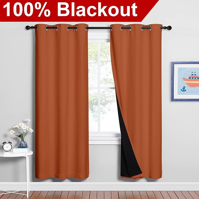 NICETOWN 100% Blackout Window Curtain Panels, Full Light Blocking Drapes with Black Liner for Nursery, 72-inch Drop Thermal Insulated Draperies (Burnt Orange, 2 Pieces, 42-inch Wide Per Panel)