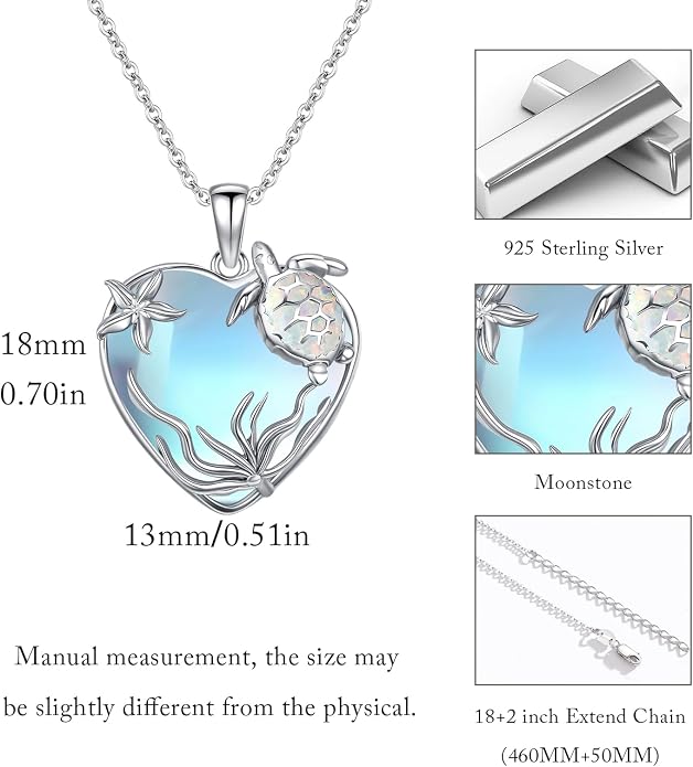 Sea Turtle/Seaweed Necklace for Women 925 Sterling Silver Heart of the Ocean Moonstone Pendant Necklace Turtle Moonstone Jewelry Gift for Wife Mom