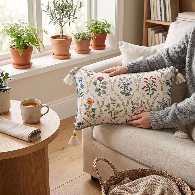 ISAENNE Designer Linen Throw Pillow Cover,Set of 2,28"x12"-Serenity B | French Elegant Rectangle Decor Pillow Cover,Concealed Zipper Design,Colorful Floral Pattern,Sofa,Bedroom,Living Room,Chair