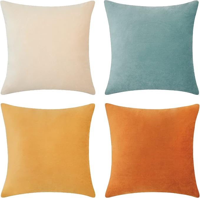 MONDAY MOOSE Decorative Throw Pillow Covers Cushion Cases, Set of 4 Soft Velvet Modern Designs, Mix and Match for Home Decor, Pillow Inserts Not Included (22x22 inch, Orange/Teal)