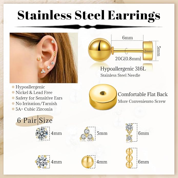 Senteria 6/8 Pairs Stainless Steel Stud Earrings for Women Hypoallergenic Flat Back Stud Earrings Tiny Stainless Steel Earring Small Cartilage Earring Set for Multiple Piercing