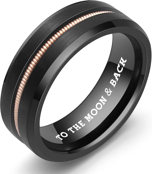 LerchPhi Tungsten Wedding Band for Men, Engraved and Customizable Promise Rings for Him and Her, Width 6MM 8MM Size 6-14, Center Grooved Beveled Edge, Comfort Fit