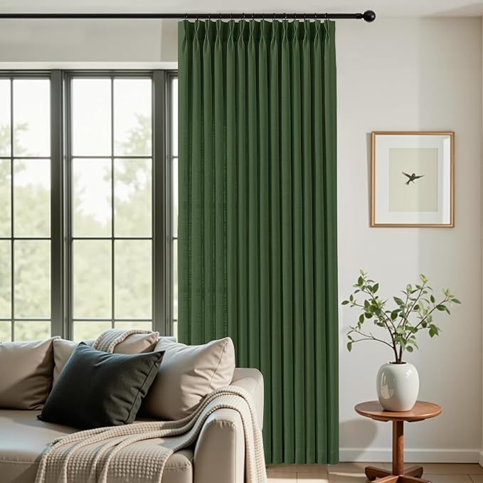 Pinch Pleated Sheer Curtains 84 Inches Long for Living Room, Linen Blend Curtain Rustic Textured Modern Light Filtering Back Tab Drapes with Hook Rings for Bedroom Office, Olive Green, W40xL84