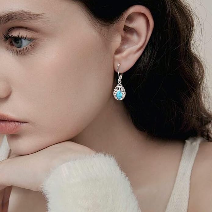 Vito 925 Sterling Silver Teardrop Earrings for Women, Moonstone Turquoise Drop Dangle Earrings Cat Snake Turtle Tree of Life Leverback Earrings Boho Jewelry Gift for Mom Wife