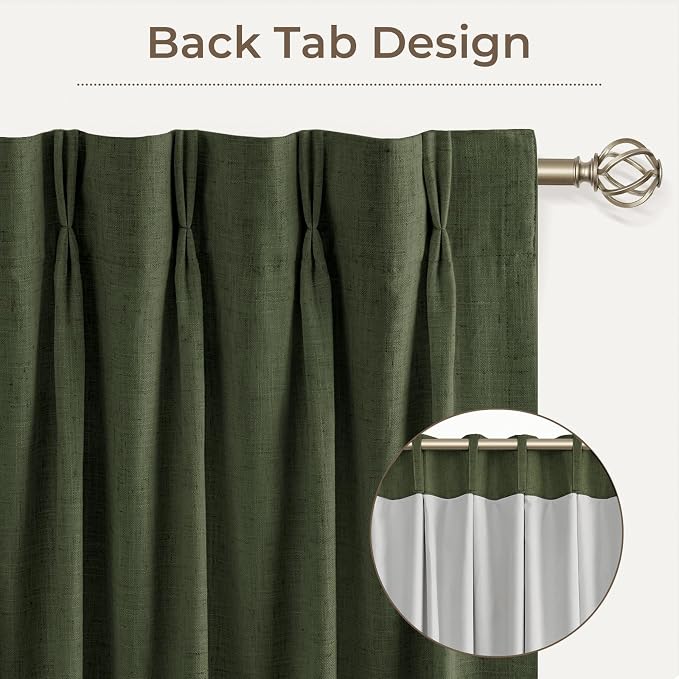 CAPALOCA Loden Green Linen Pinch Pleated Curtains Blackout, 100% Black Out Curtains 96 inch Long for Bedroom, Blackout Thermal Insulated Pinch Pleated Drapes for Living Room, 60" W x 96" L, 1 Panel
