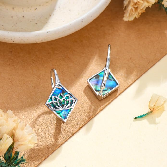SIMONLY Abalone Shell Tree of Life/Lotus/Clover Earrings for Women 925 Sterling Silver Celtic Knot Leverback Earrings Lotus Jewelry Christmas Mother Day Gift