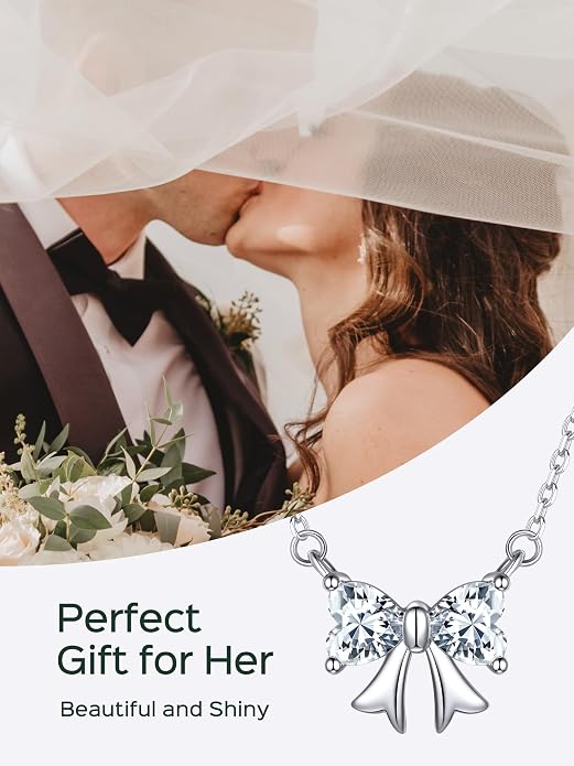 ChicSilver Bow and Cat Birthstone Necklace, 925 Sterling Silver Pendant Necklaces for Women, Hypoallergenic Silver Choker with 16 inch Rolo Chain, 12 Months Jewelry for Valentines Mothers Day Christmas