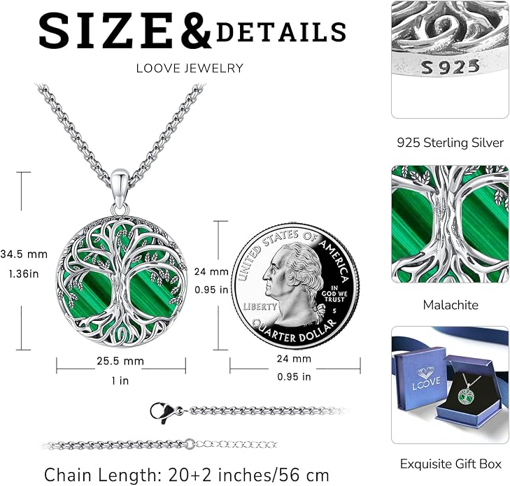 Jewelry Gifts - Tree of Life Necklace Sterling Silver Abalone Shell/Opal/Moonstone/Black Onyx/Turquoise/Malachite/Crystal Family Tree of Life Jewelry for Women Men