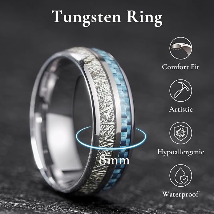 King Will Tungsten Rings for Men Meteorite Carbon Fiber Wood Inlay Mens Wedding Engagement Band Domed Polished