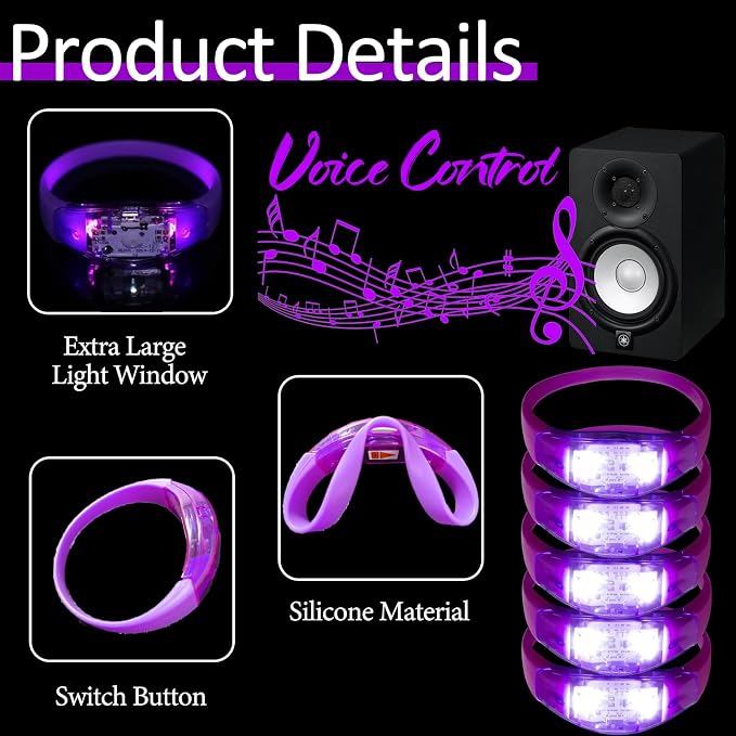 24 Pcs LED Glow Bracelets Sound Activated Bracelet Glow Bracelets with Flashing LED Strobe for Carnival, Concerts , Night Events, Rave, Game Prizes, Birthday Party Favor (purple)