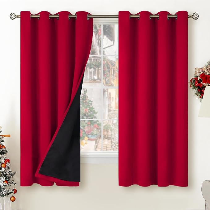 BGment Christmas 100% Blackout Curtains Thermal Insulated with Liner for Living Room Decoration - Grommet Double Layer Energy Saving Bedroom Curtain Drapes (52 x 63 Inches, Red, 2 Panels)