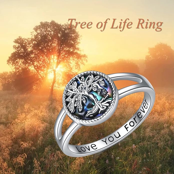 ONEFINITY Sterling Silver Abalone Shell Tree of Life Ring - Cute Tree of Life Jewelry Gift for Women or Girls