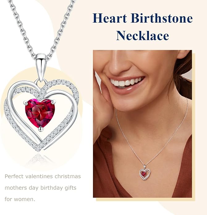 Anniversary Charm Necklace, Sterling Silver 14K Gold Plated Chain with Interlocking Heart Pendant Elegant Birthstone Necklaces for Women, Length 18"