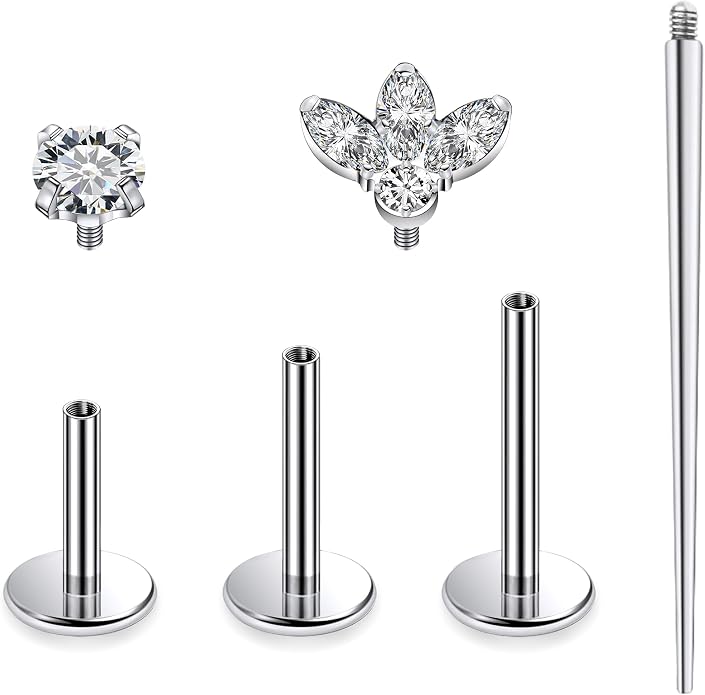 Ruifan Titanium Flat Back Lip Rings Internally Threaded Earrings Studs Nose Rings 16G Opal CZ Tragus Cartilage Lobe Rook Helix Conch Labret Medusa Piercing Jewelry for Women Men W Piercing Taper Set