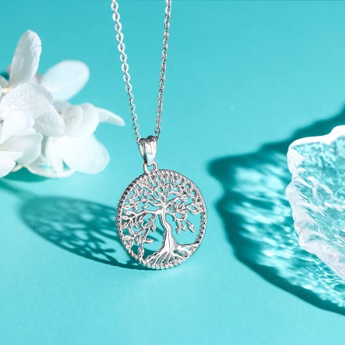 Aniu Tree of Life Necklace for Women, 925 Sterling Silver Mother of Pearl Family Palm Tree Charm Pendant Jewelry for Birthday Christmas Gift