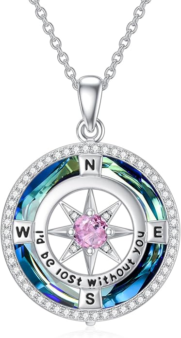 TOUPOP Necklace Gifts for Wife Compass Jewelry Women Anniversary Girlfriend Birthday Gift for Her Valentines I'd be Lost without You Sterling Silver Birthstone Necklaces
