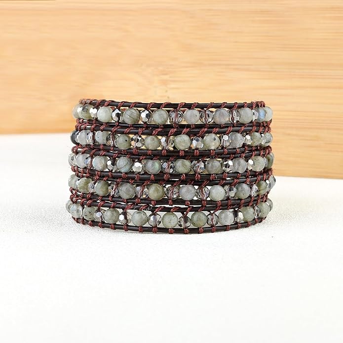 KELITCH Pearl Crystal Beads Bracelets Handmade Natural Leather 5 Wrap Bracelet for Women Classic Bangle Jewelry