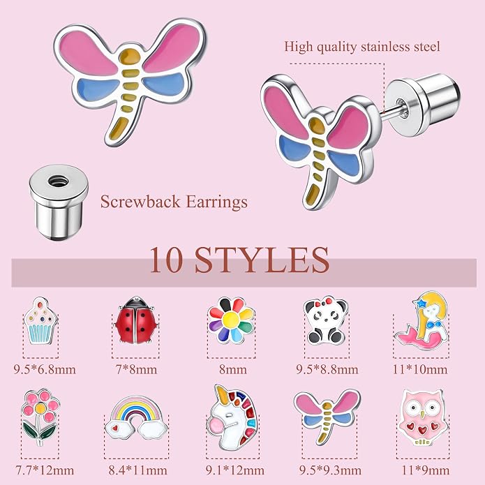 FASACCO 10Pairs Hypoallergenic Screw Back Earrings for Women Girls Stainless Steel CZ Heart Butterfly Ball Stud Earrings Multicolored Cat Rainbow Screwback Stud Earrings Set Over 3 Years Old