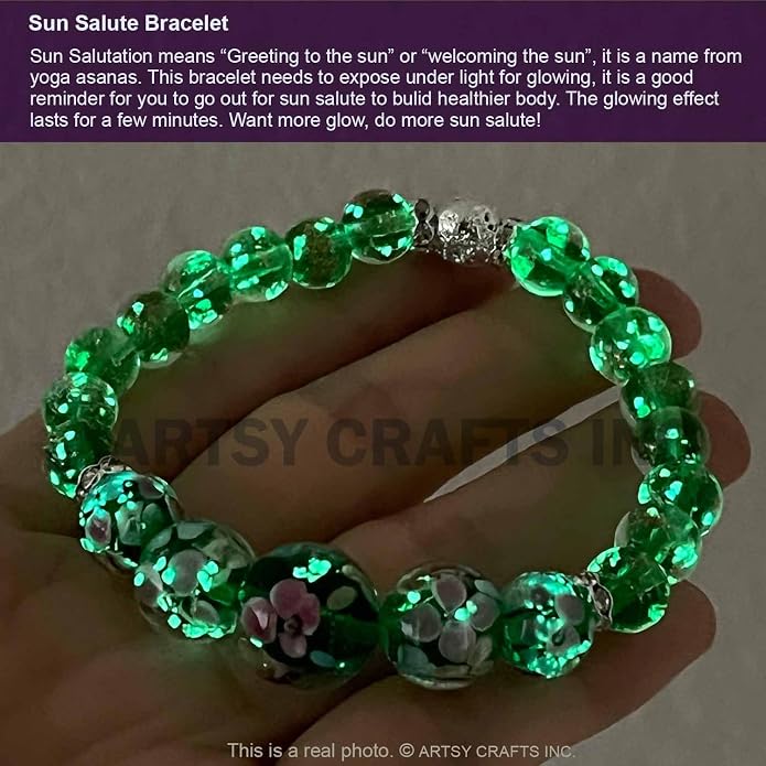 ARTSY Crafts Lily Garden Glow in the Dark Firefly Bead Bracelets Necklaces, Handmade in USA Murano Glass Jewelry, Flower Luminous Beads Mermaid Crystal Bracelet Bangle