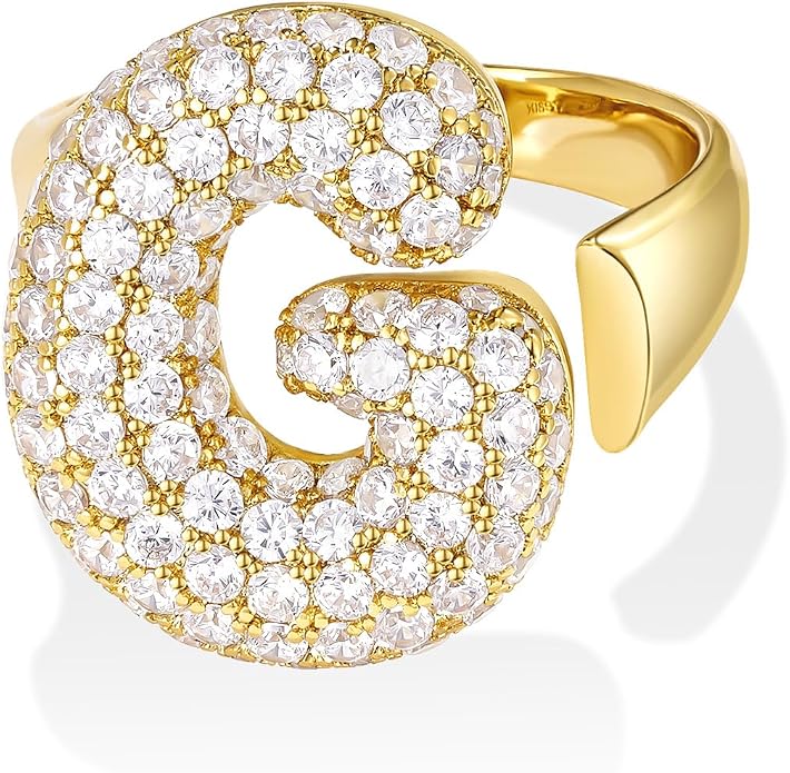 KissYan Bubble Initial Ring for Women, 14K Gold Plate Balloon Jumbo Letter Rings Open Adjustable Dainty Pave CZ Personalized Fashion Jewelry Gift for Mother's Day