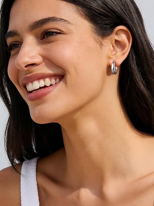 ChicSilver Solid 925 Sterling Silver Chunky Hoop Earrings for Women, Silver Small Thick Huggie Earrings Hypoallergenic Lightweight Silver Hoop Earrings for Sensitive Ears (8/10/12/14mm)