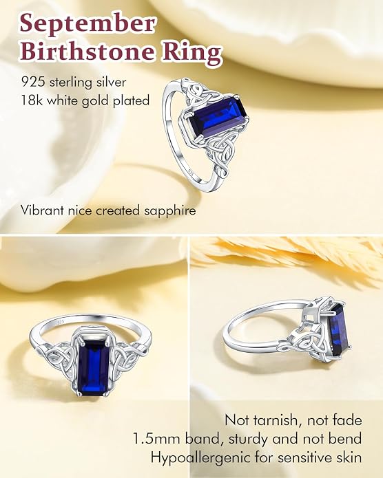 DAYBYDAY Celtic Birthstone Rings for Women, 925 Sterling Silver/18K Gold Plated Emerald Cut Celtic Knot Engagement Wedding Ring, Square Created Gemstone Promise Rings for Her Size 6-10