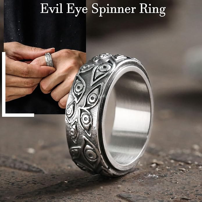 GTHIC Evil Eye Stainless Steel Spinner Ring Eye of Providence All Seeing Eye Ring For Men Women Silver Gold Black Vintage Rotating Relief Ring Anxiety Jewelry Gifts Size 7-13