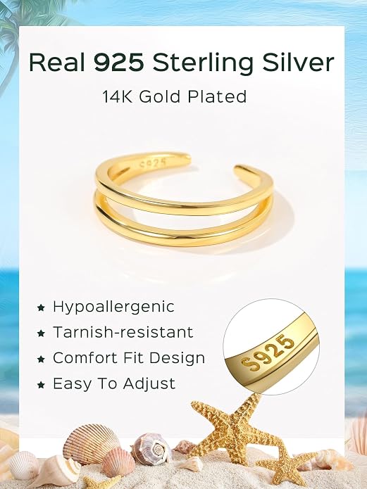 ChicSilver Sterling Silver Toe Rings for Women 14K Gold Plated Toe Rings for Women Open Adjustable Toe Ring for Women Toe Jewelry for Summer Beach