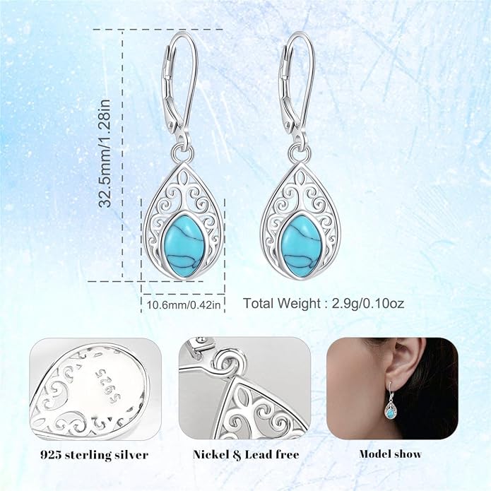 Vito 925 Sterling Silver Teardrop Earrings for Women, Moonstone Turquoise Drop Dangle Earrings Cat Snake Turtle Tree of Life Leverback Earrings Boho Jewelry Gift for Mom Wife
