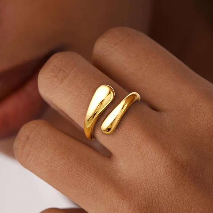 Non Tarnish Gold Chunky Rings for Women, 14K Gold Plated Statement Dome Rings Stacking Silver, Adjustable Mens Eternity Wedding Band Mixed Metal Jewelry Size 3-13