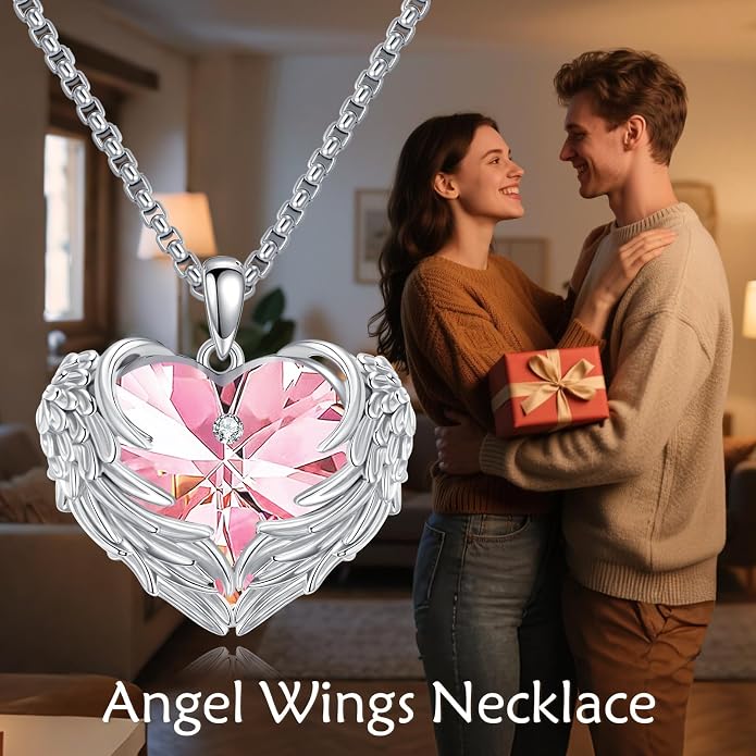 Angel Wings Necklace for Women 925 Sterling Silver Birthstone Guardian Necklace Jewelry Angel Wings Moonstone, Crystal Pendant Jewelry Gifts