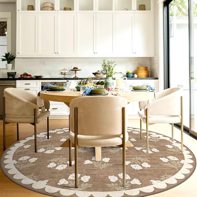 Tan Neutral Round Rug 5ft - Washable Floral Boho Farmhoues Scalloped Round Rugs for Bedroom Non Slip Stain Resistant 5x5 Circle Area Rug for Living Room Entryway Dining Room Nursery Carpet