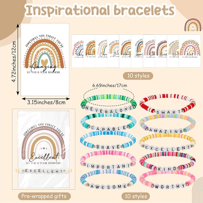 Landical Inspirational Best Friendship Bracelets for Teacher Rainbow Luminous Beaded with Motivational Quotes Card Friendship Encouragement Gift for Mom Women Sister Daughter Coworker